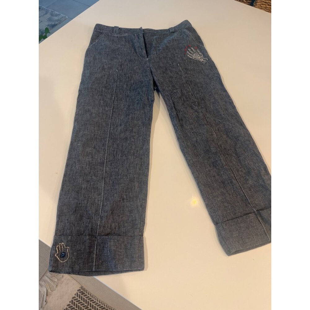 AGB Womens Embroidered Chambray Pants With Pockets & Cuffed Hem Size 8 Linen/Cot